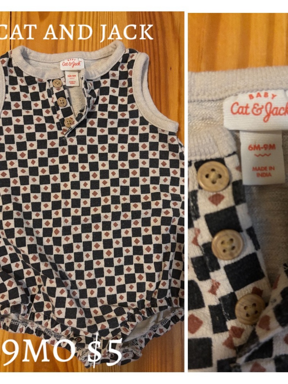 Cat & Jack Black and Brown Checker Infant Sleeveless Romper